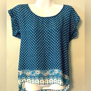 Pink Rose. Blue, light blue, and white Boho blouse. Size S